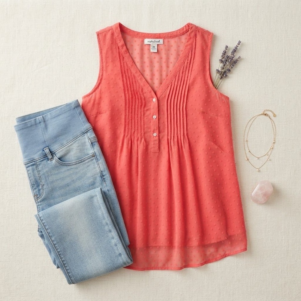 Motherhood Maternity Coral Swiss Dot Sleeveless Pintuck Blouse Medium Pink Top